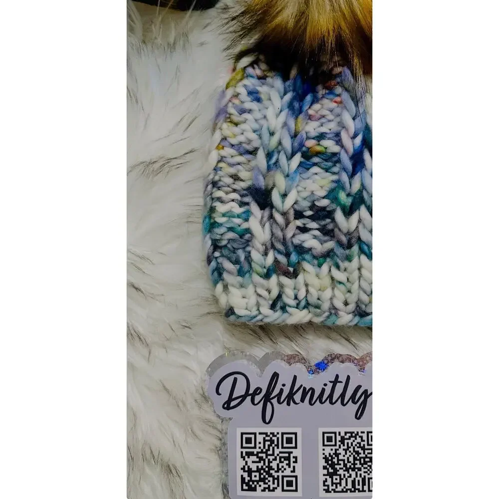 Handmade Scrappy Merino Wool Beanie: Colorful Winter Hat with Faux Fur Pom